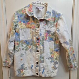 Susan Graver Style Womens XS Floral Denim Jacket Lightweight Button Down